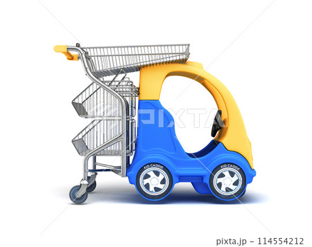 Baby blue car with a shopping basket in the right side back view 3d render on white 114554212