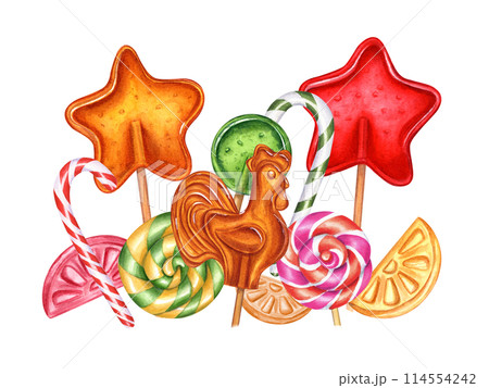 Multicolored lollipops on sticks. Star shaped candy, spiral and round lollypops, circle candies, sugar cockerel and bonbons. Mix tasty caramels. Watercolor illustration. For Halloween, Xmas decor 114554242