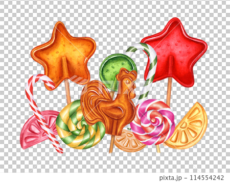 Multicolored lollipops on sticks. Star shaped candy, spiral and round lollypops, circle candies, sugar cockerel and bonbons. Mix tasty caramels. Watercolor illustration. For Halloween, Xmas decor 114554242