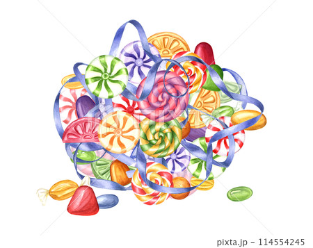 Multicolored hard candies. Bonbon pile decorated with shiny blue ribbon. Spiral caramels, circle candies, bonbons with striped swirls, gummy. Watercolor illustration. For candy shop, store, postcard Multicolored hard candies. Bonbon pile decorated with shiny blue ribbon. Spiral caramels, circle candies, bonbons with striped swirls, gummy. Watercolor illustration. For candy shop, store, postcard 114554245