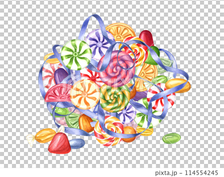 Multicolored hard candies. Bonbon pile decorated with shiny blue ribbon. Spiral caramels, circle candies, bonbons with striped swirls, gummy. Watercolor illustration. For candy shop, store, postcard Multicolored hard candies. Bonbon pile decorated with shiny blue ribbon. Spiral caramels, circle candies, bonbons with striped swirls, gummy. Watercolor illustration. For candy shop, store, postcard 114554245