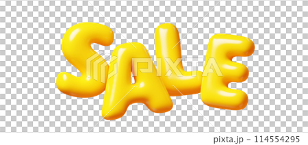 Sale yellow balloon glossy floating word. Discount and promotion design element. 3D render illustration of Inflatable volumetric plastic cartoon promo text. Sign for special offer advertising. 114554295