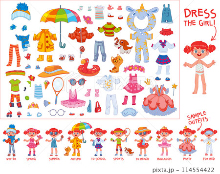 Set of various clothes for dressing up girl doll. Dress girl. Worksheet page Set of various clothes for dressing up girl doll. Dress girl. Worksheet page 114554422