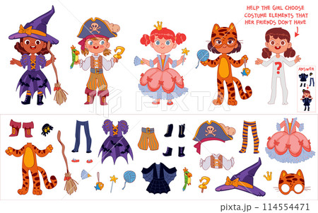Find the costume pieces for girl. Educational game for kids. Attention task 114554471