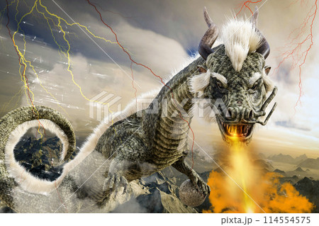 東洋の龍が幻想的な空間で口から火を吹くのイラスト素材 [114554575