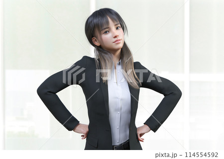 両手を腰に当て、こちらを見るビジネスウーマン 114554592