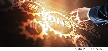 DNS. Domain name System on virtual screen. Network Web Communication 2024. Mixed media 114554606
