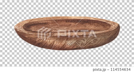 Wooden plate drawing. Watercolor hand drawn illustration isolated on white background. Art for design, textiles, menu, poster, cooking, recipe, book. Design. 114554634