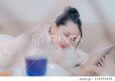 タブレットで旅行の写真を見ている女性 タブレットで旅行の写真を見ている女性 114554839