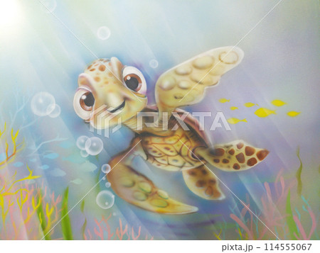 a turtle is painted on the wall in a children's playroom. smile and big eyes of the animal. decorating children's rooms 114555067