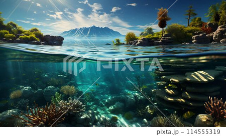 Underwater view of tropical paradise fish and corals. The concept of diving and vacation in nature. AI generated 114555319