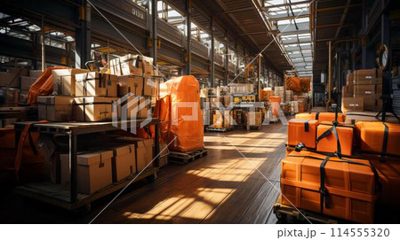 Large automated warehouse logistics center for the delivery and storage of goods. AI generated 114555320