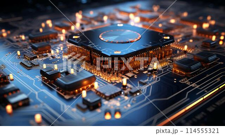 Futuristic computer microchips and microchips with processors and transistors for artificial intelligence. AI generated 114555321