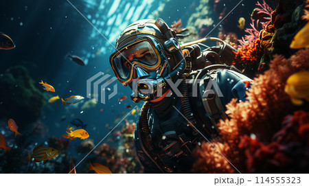The face of a male scuba diver in a mask and diving suit scuba diving underwater. Close view. non-existent person. AI generated 114555323