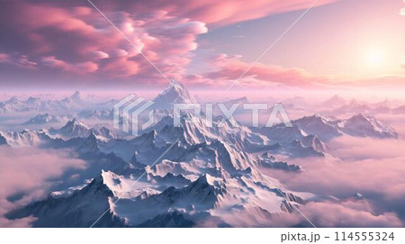 Top view of high mountains with snow caps on the peaks in nature against a pink beautiful sky, view from a drone. AI generated 114555324