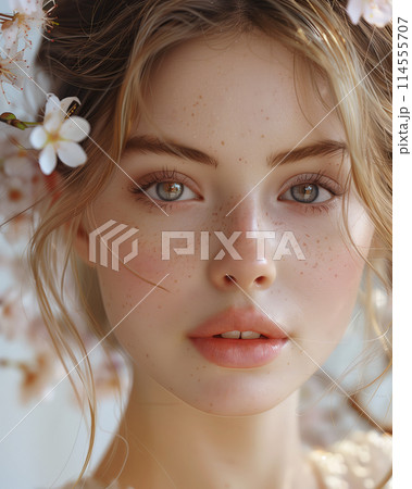 Woman red hair freckles stands surrounded by blooming white magnolia flowers 114555707
