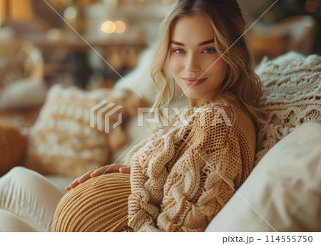 Pregnant woman sits cozy sofa warmly lit room, wearing comfortable knit sweater. She smiles softly 114555750