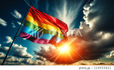 Rainbow flag waving in sky, illuminated by sunlight, symbolizing freedom, pride, LGBTQ community 114555821
