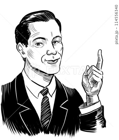 Man pointing up. Hand drawn retro styled black and white illustration 114556340