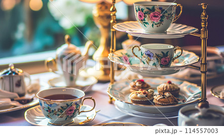 Elegant table setting for tea party with cakes and cupcakes in English manor. Selective focus. Vintage style 114557003