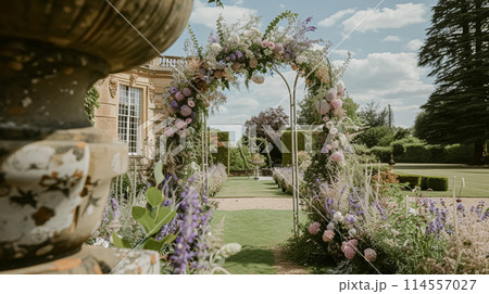 Wedding Ceremony Decorated with Lavender Flowers in the garden. Holiday concept 114557027