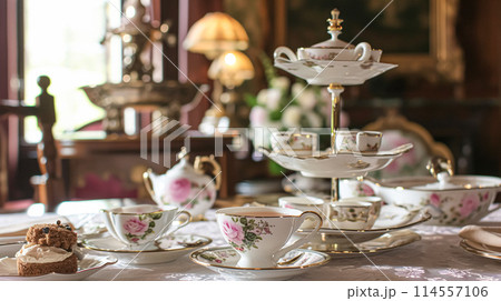 Elegant table setting for tea party with cakes and cupcakes in English manor. Selective focus. Vintage style 114557106