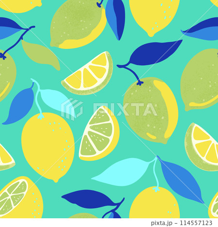 Seamless pattern with lemon fruits and branches. Vector illustration in contemporary minimalistic style. 114557123