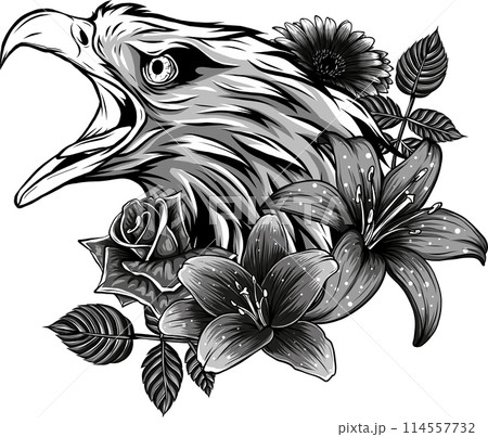 Vector illustration of monochrome eagle head with flower Vector illustration of monochrome eagle head with flower 114557732