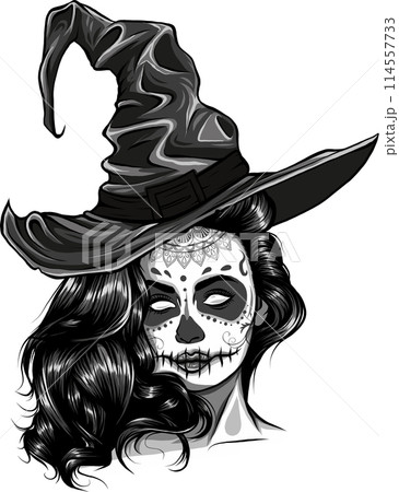 monochrome beautiful witch in a classic hat monochrome beautiful witch in a classic hat 114557733