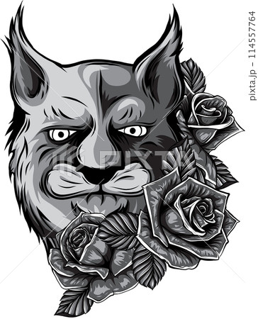 vector illustration of monochrome lion with rose on white background 114557764