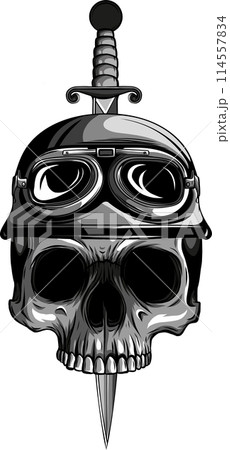 monochrome paratrooper skull with knife in teeth. Design element for logo, label, sign, emblem. Vector illustration monochrome paratrooper skull with knife in teeth. Design element for logo, label, sign, emblem. Vector illustration 114557834