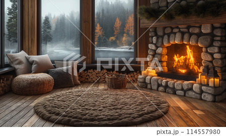 暖炉のあるリビング 114557980
