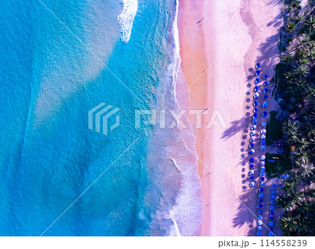Amazing sea beach with ocean wave foams.Beautiful nature beach sand sea surface,Waves crashing on sand,Wide angle lens 114558239