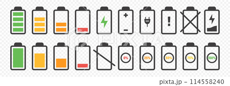 Flat Vector Battery Icons Set. Different Level of Charge. Car or Phone Battery Indicator, Device Battery Charge Signs. Wireless Charging Energy Symbols. Vector Illustration 114558240