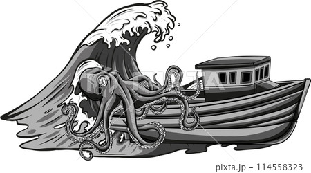ship and octopus at the sea. Nautical wanderlust and adventure illustration. Ocean devilfish ship and octopus at the sea. Nautical wanderlust and adventure illustration. Ocean devilfish 114558323