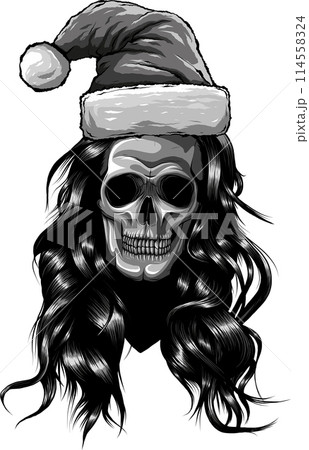 monochrome outline drawing of a horror santa claus skull with hat pompom. monochrome outline drawing of a horror santa claus skull with hat pompom. 114558324