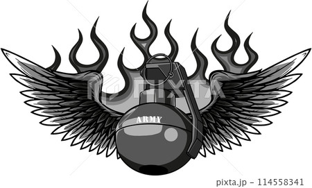 vector illustration of monochrome grenade with wing vector illustration of monochrome grenade with wing 114558341