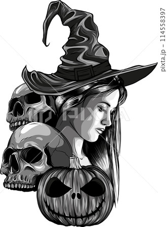 monochrome hand drawn illustration of witch and skull 114558397