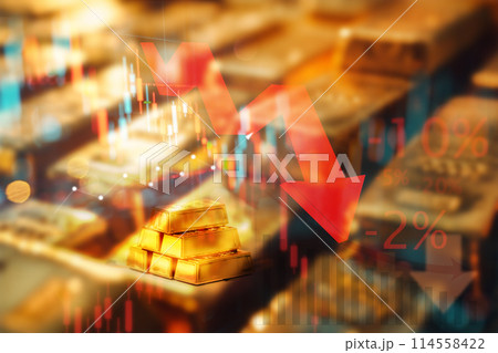 Financial downturn concept with gold bars and falling stock market graphs. Financial downturn concept with gold bars and falling stock market graphs. 114558422