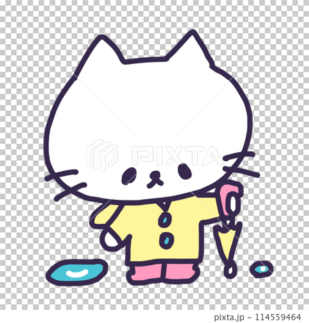 An illustration of a cute white kitten wearing a raincoat and holding an umbrella 114559464