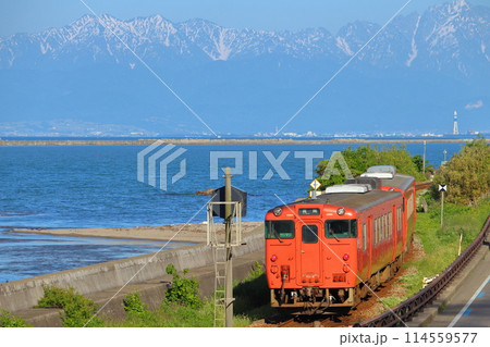 雨晴海岸を走る氷見線キハ40と立山連峰 114559577