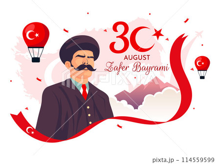 Zafer Bayrami Vector Illustration. Translation: August 30 Celebration of Victory and the National Day in Turkey. with Waving Flag in Flat Background Zafer Bayrami Vector Illustration. Translation: August 30 Celebration of Victory and the National Day in Turkey. with Waving Flag in Flat Background 114559599