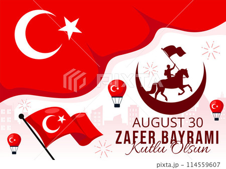 Zafer Bayrami Vector Illustration. Translation: August 30 Celebration of Victory and the National Day in Turkey. with Waving Flag in Flat Background 114559607