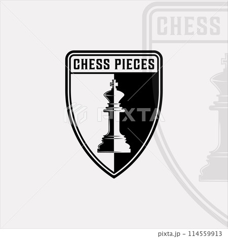 chess and king piece logo vintage vector illustration template icon graphic design.retro sign or symbol for chess tournament or club with shield badge black and white concept 114559913