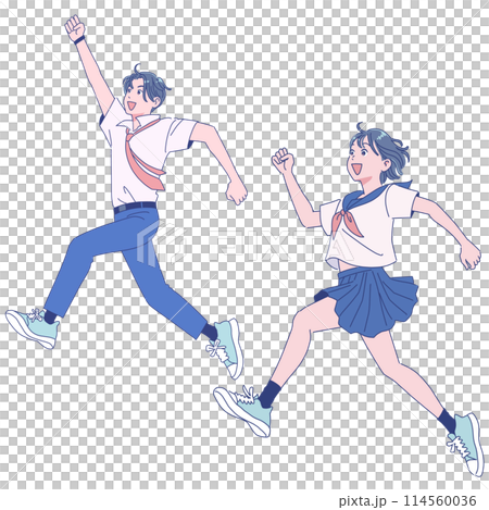 Male and female students in summer uniforms jumping energetically Male and female students in summer uniforms jumping energetically 114560036
