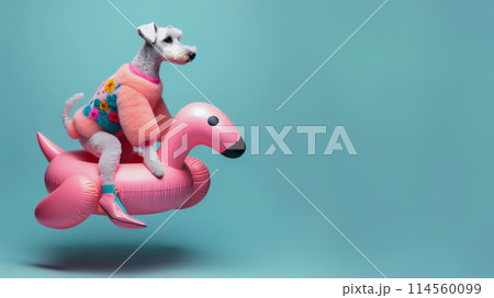 Funny dog wearing summer fashion with rubber ring on pastel background. Summer Vacation Concept. 114560099