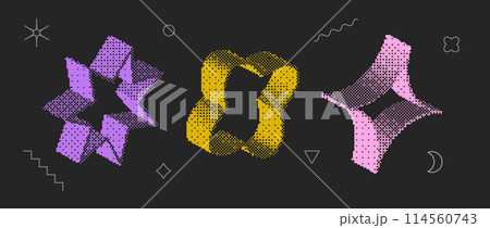 Bitmap textured shape set. Dither halftone objects collection. Colorful 3d flower, star, diamond elements for banner, poster, leaflet. Abstract pixelated raster effect bundle. Vector pack 114560743