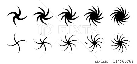 Various swirl element set. Black twirling and rotating effect collection. Circular radial revolving whirlwind symbols bundle for graphic design. Twist, gyre or whirlpool rotation pack. Vector Various swirl element set. Black twirling and rotating effect collection. Circular radial revolving whirlwind symbols bundle for graphic design. Twist, gyre or whirlpool rotation pack. Vector 114560762