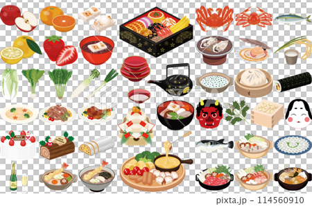 冬の味覚・料理のアイコン①(おせち、お雑煮、年越しそば、ローストチキン、クリスマスケーキ) 冬の味覚・料理のアイコン①(おせち、お雑煮、年越しそば、ローストチキン、クリスマスケーキ) 114560910