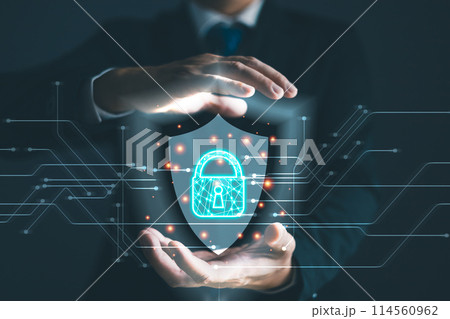 Businessmen protect personal data information from viruses on hand with virtual screen interfaces. Cyber security and privacy protection network security computer and safe data concept. Businessmen protect personal data information from viruses on hand with virtual screen interfaces. Cyber security and privacy protection network security computer and safe data concept. 114560962